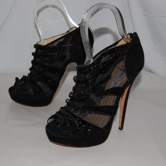 US8.5❤️ Jimmy Choo Black Suede High Heels Ankle Crystal Platform Boots ITALY - Picture 10 of 15